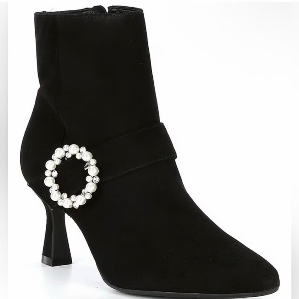 Alex Marie MARILYN Black Suede Pearl & Diamond Buckle Booties
